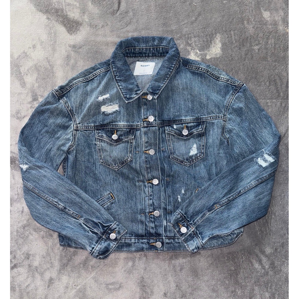 Old Navy Denim Jacket‎ Womens Boyfriend Distressed Blue Size Large